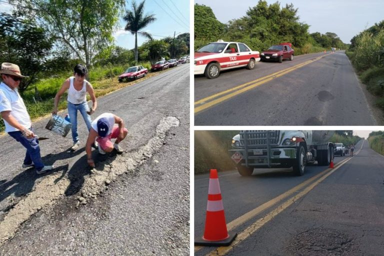 Taxistas ya no pueden esperar, se unen para bachear carretera federal 180 en Tecolutla y Gutiérrez Zamora